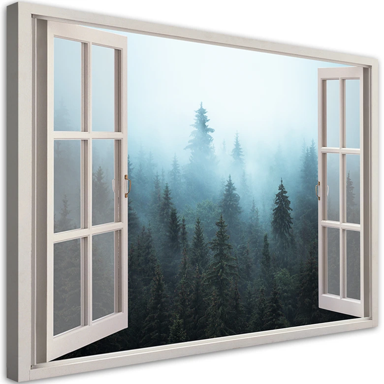 Leinwandbild, Fenster anzeigen Wald in Nebel Natur 