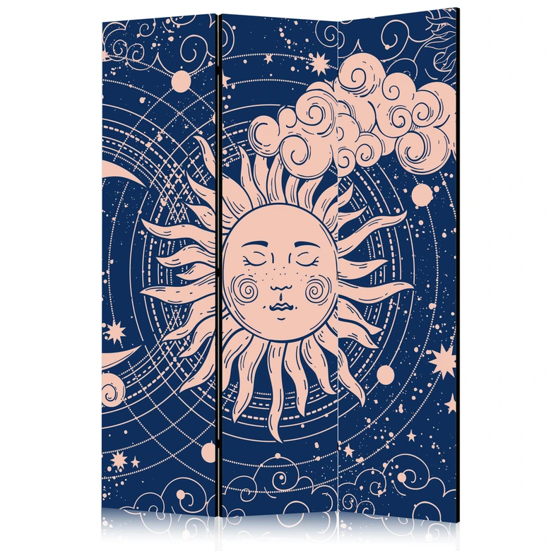 Paravent, Raumteiler freistehend, Trennwand - Cosmic Harmony: Sun and Moon Illustration 