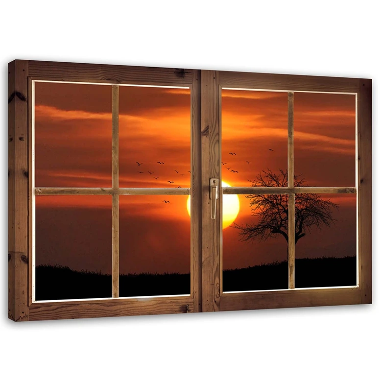 Leinwandbild, Fensterblick Sonnenuntergang 