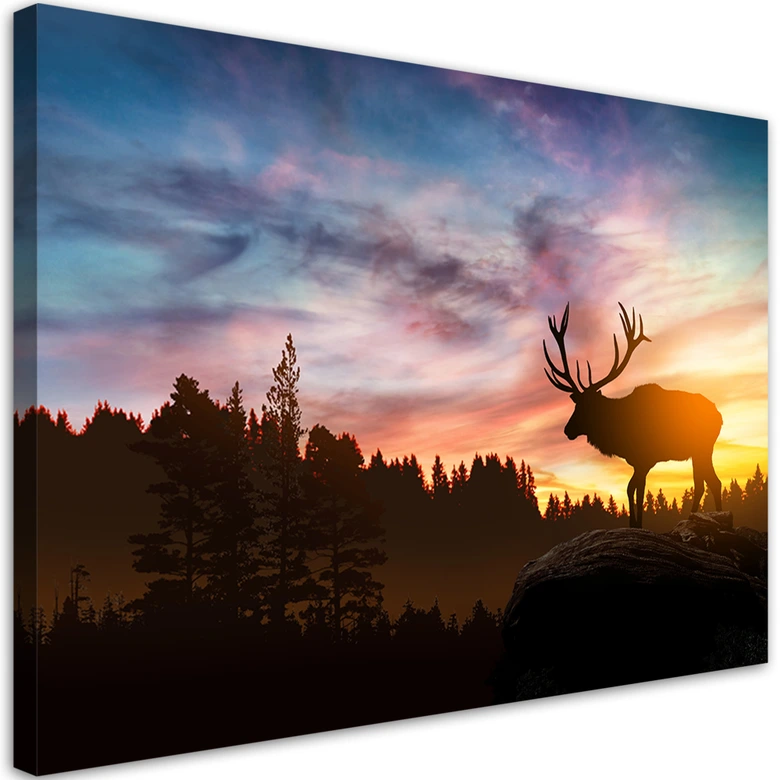 Canvas schilderij, hert bij zonsondergang 