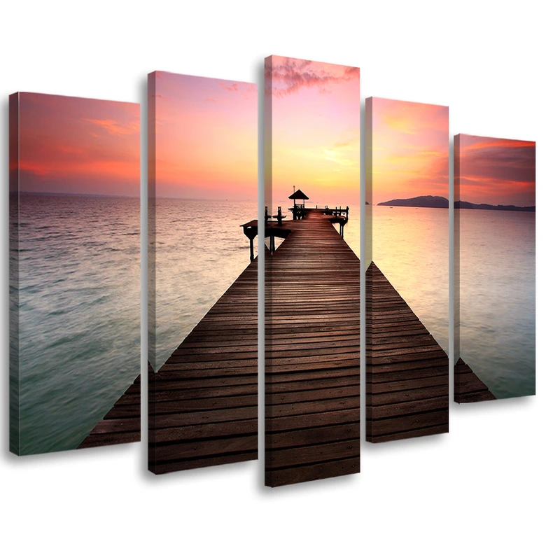 Tableau sur toile 5 pièces, Jetty Beach Sea Sunset 