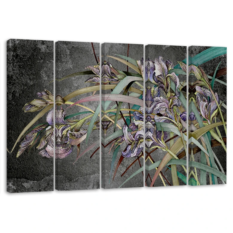 Leinwandbild 5 teilig, Iris Blumen im Wind 