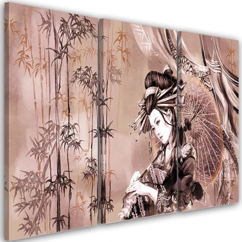 Leinwandbild 3 teilig, Geisha und Bambus 