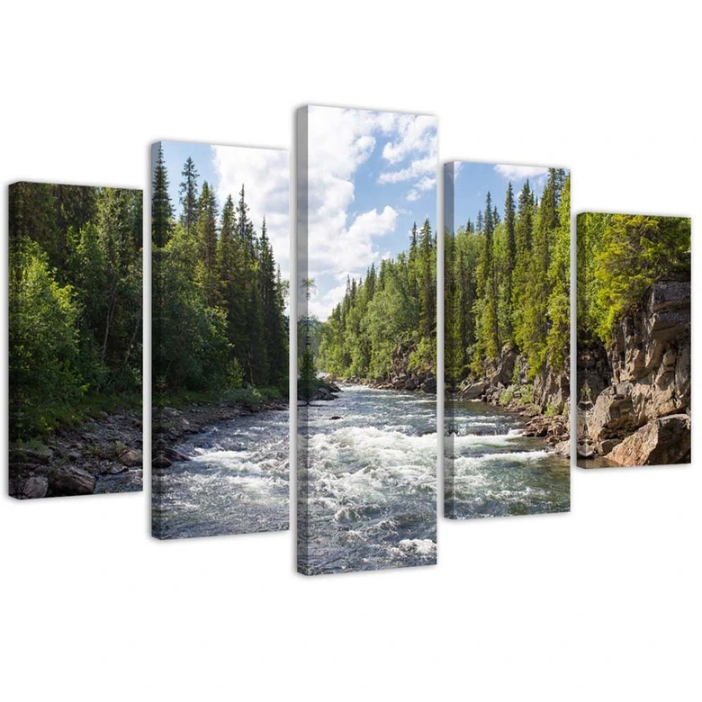 Leinwandbild 5 teilig, Wald Grüner Fluss Natur 