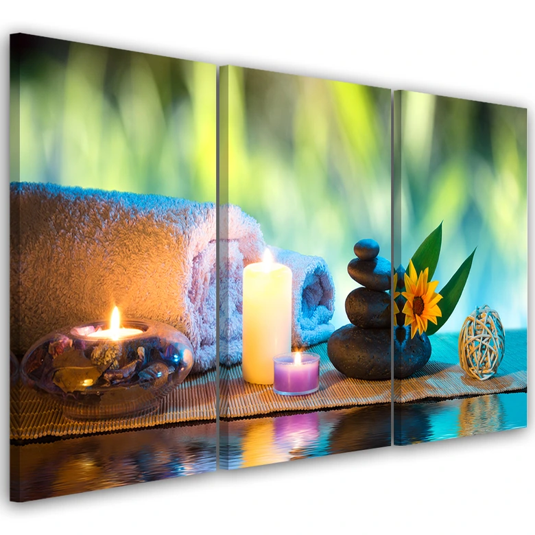 Impression sur toile en 3 parties, bougie zen 