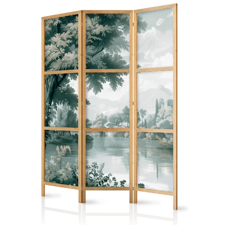 Japanischer Paravent, Raumteiler freistehend, Trennwand - Retro Vintage Landscape in Greens 