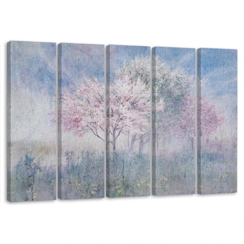 5 stuk canvas print, een bloeiende boom in de oude weide vervaagd 