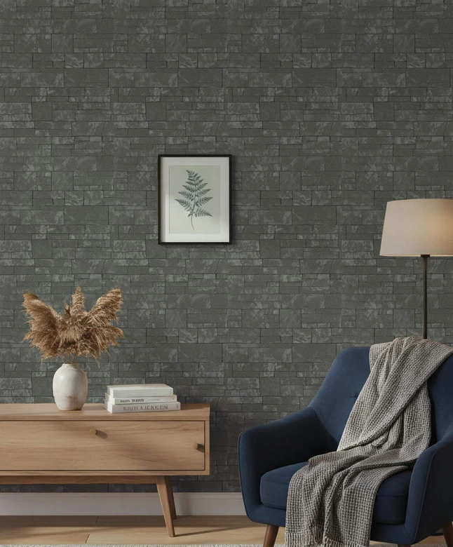Vliesbehang steeneffect modern, natuur in antraciet  
