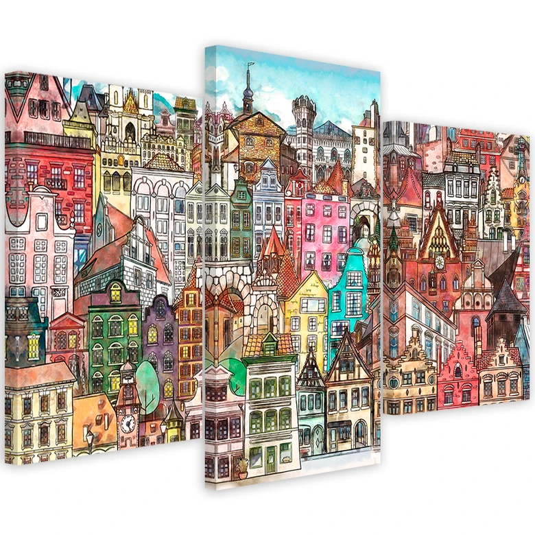 Leinwandbild 3 teilig, Fröhliche Stadt 
