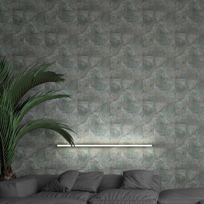 Vliestapete mit Halbkreisen und Rechtecken grau, blau Struktur 