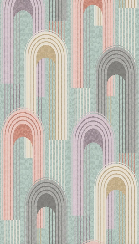 Papier peint intissé avec motifs en arc de cercle en vert, beige graphique 