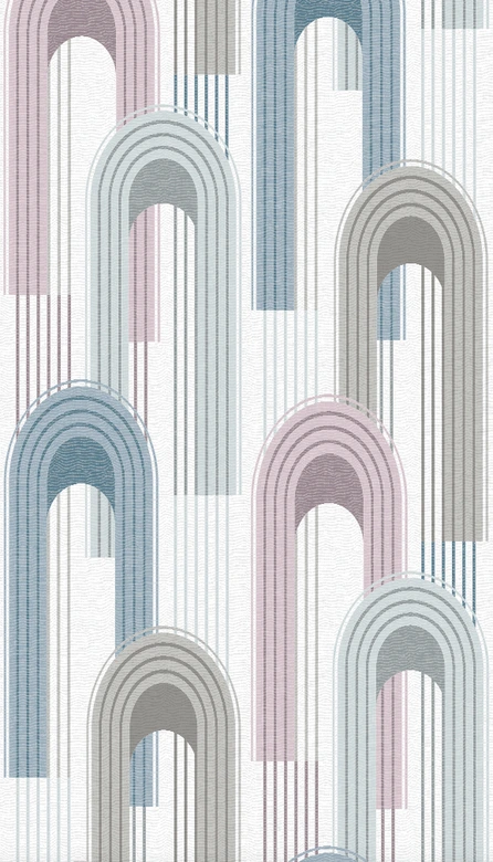 Papier peint intissé avec motifs en arc de cercle en gris, beige, bleu graphique 
