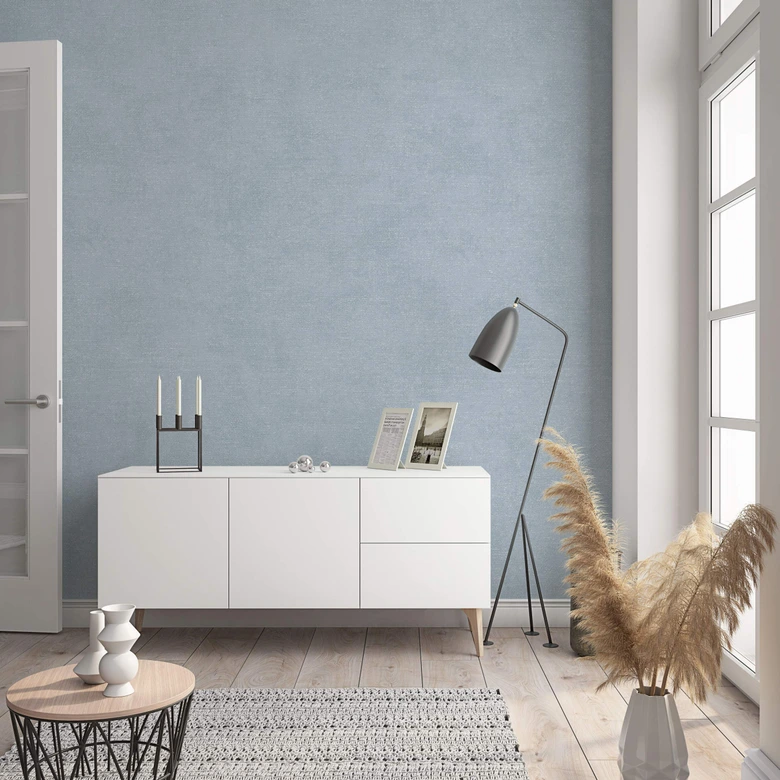 Papier peint intissé d'aspect et de structure monochrome moderne, uni bleu, gris 