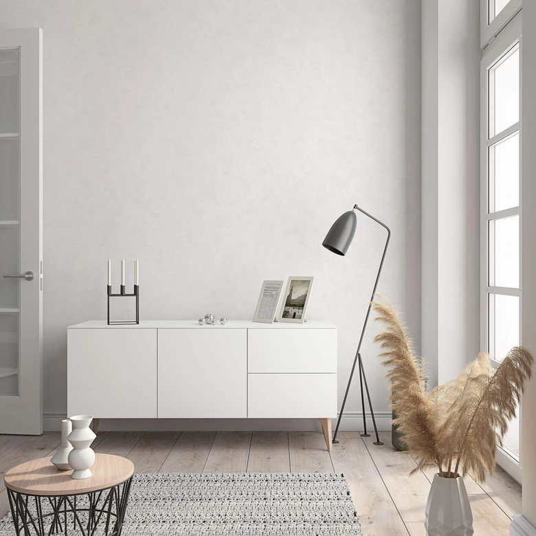 Papier peint intissé d'aspect et de texture monochrome moderne en blanc, gris uni 