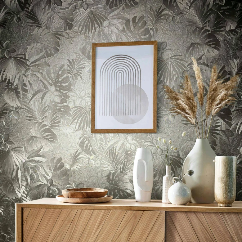 Vliestapete mit glänzenden Blättern grau/gold metallic Floral 