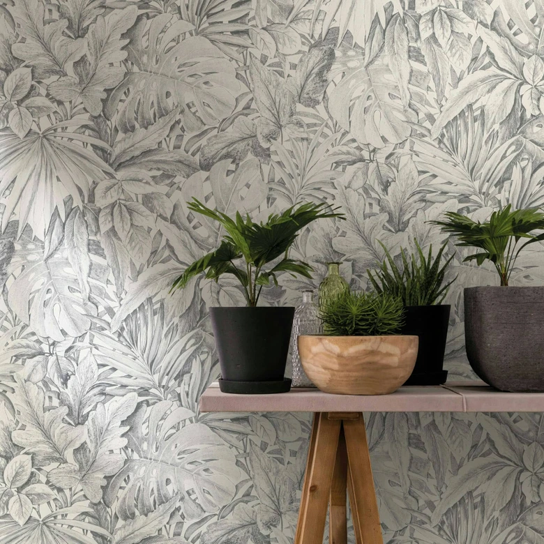 Vliestapete mit strukturiertem Blattmotiv grau Floral 