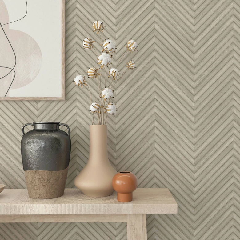 Vliesbehang met visgraatmotief en houtlook beige houtlook 