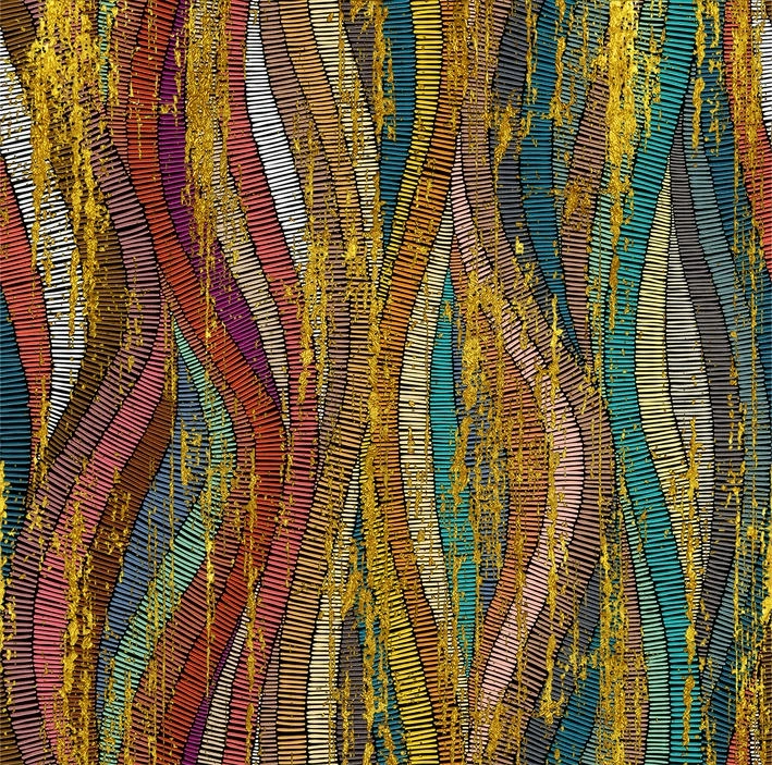 Fotomural con motivo Rayas onduladas de colores con estructura dorada en estilo pop 2,70 x 2,72m 