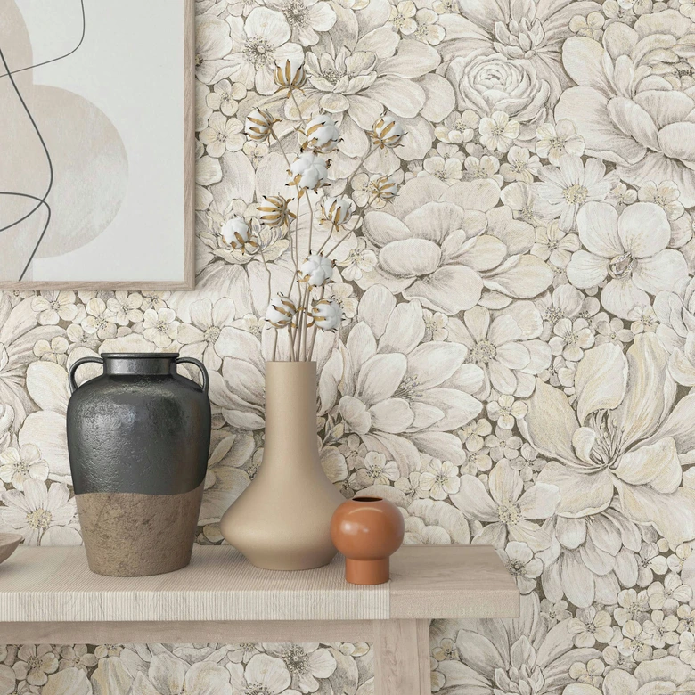 Vliestapete mit stark strukturiertem Blattmotiv greige Floral 
