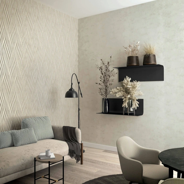 Non-woven tapet med böjda glänsande ränder beige prov 