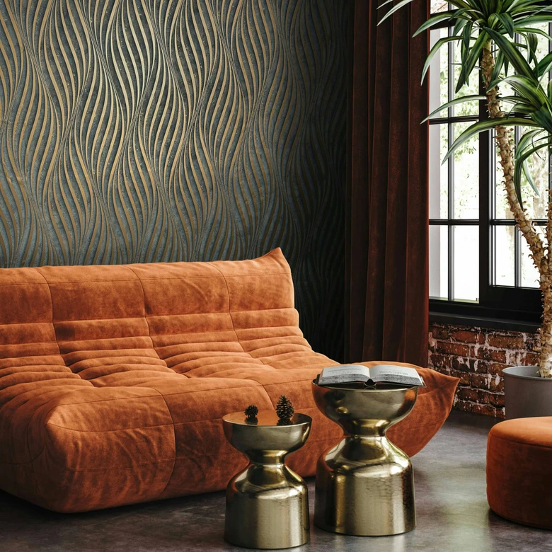 Tapeta flizelinowa z zakrzywionymi błyszczącymi paskami w czarne Próbki 