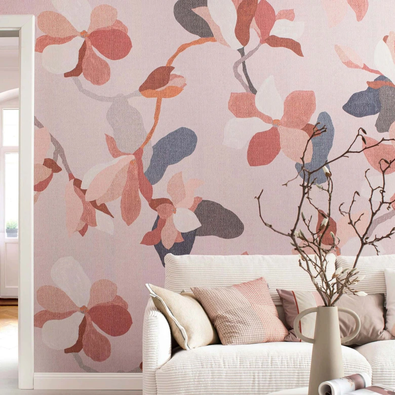 Fototapete Blumen, Blätter Floral Natur, Modern in Rosa-Braun 