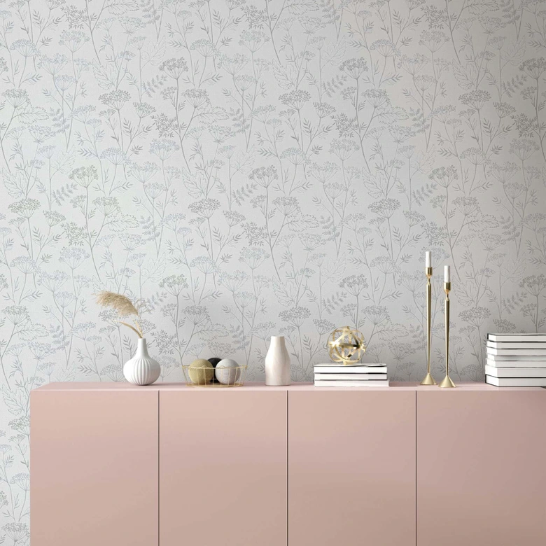 Papel pintado no tejido flores, hojas naturaleza floral en gris 