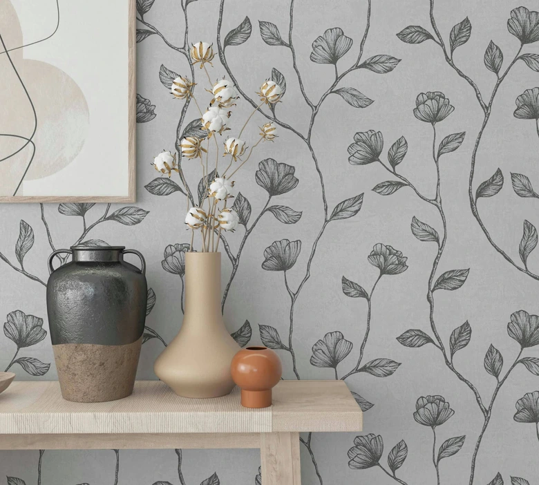 Papier peint intissé gris argenté floral pour salon chambre cuisine papier peint marburg 