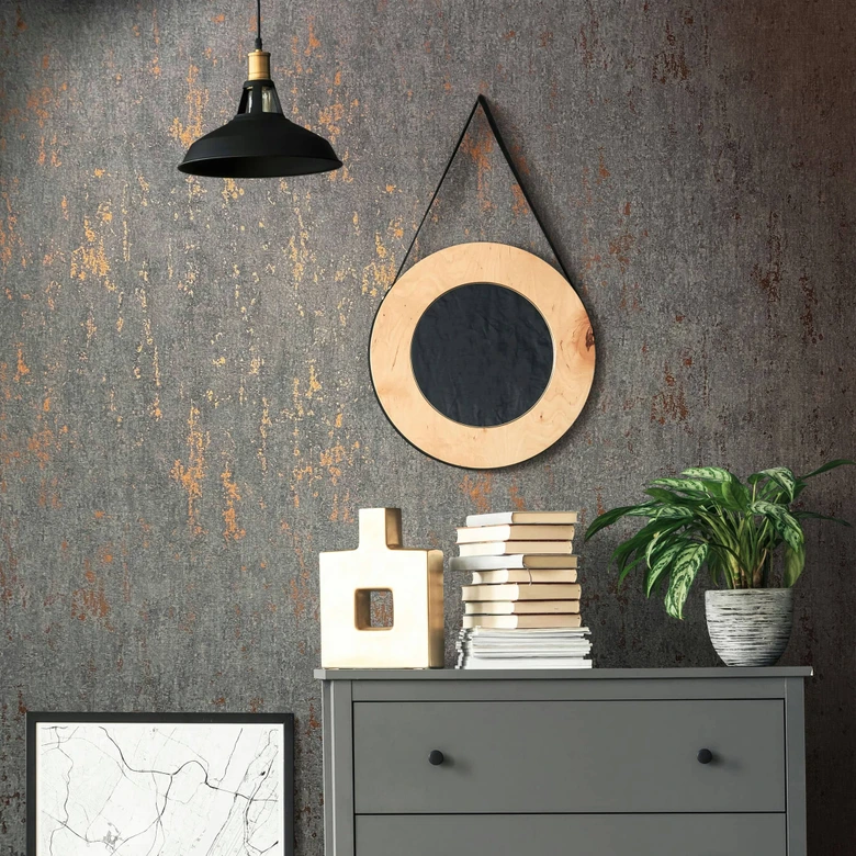 Papel pintado no tejido con aspecto de hormigón antracita de brillo resplandeciente 