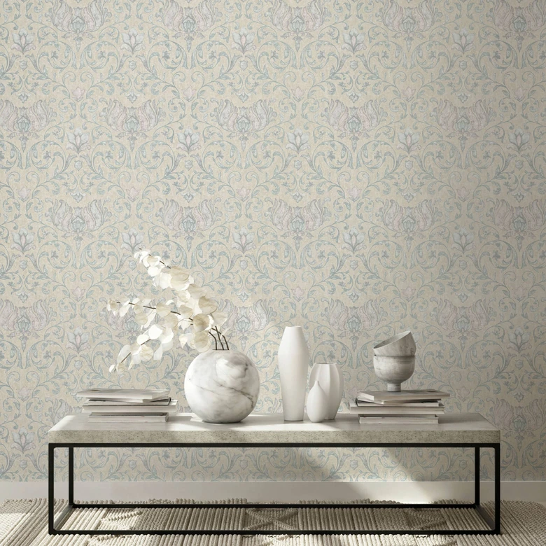 Vliestapete mit Blumen, Blätter ornamental glänzend beige Floral 