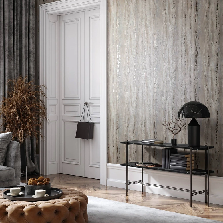 Vliesbehang met glanzende, grove structuur beige, grijze pleisterlook 