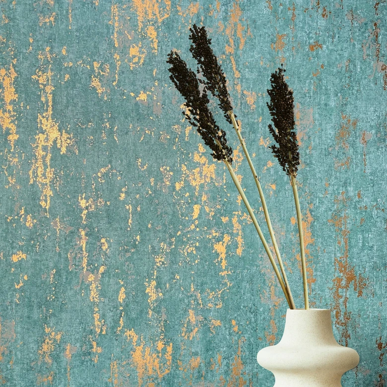 Vliestapete mit glänzender, grober Struktur grün Betonoptik 