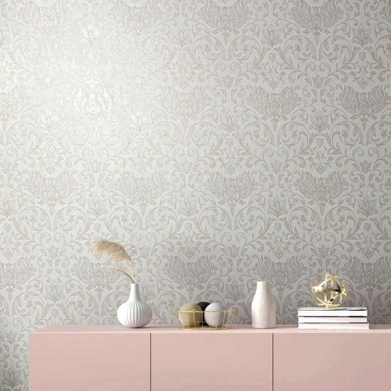 Vliestapete mit Blumen, Blätter ornamental glänzend weiß Floral 