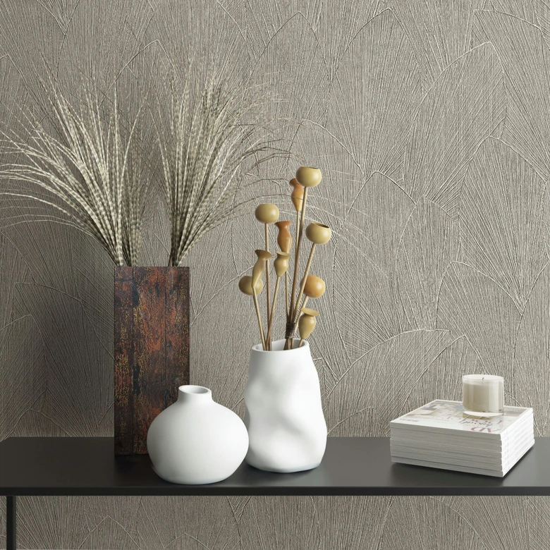 Papier peint intissé avec motif à feuilles structuré gris Floral 