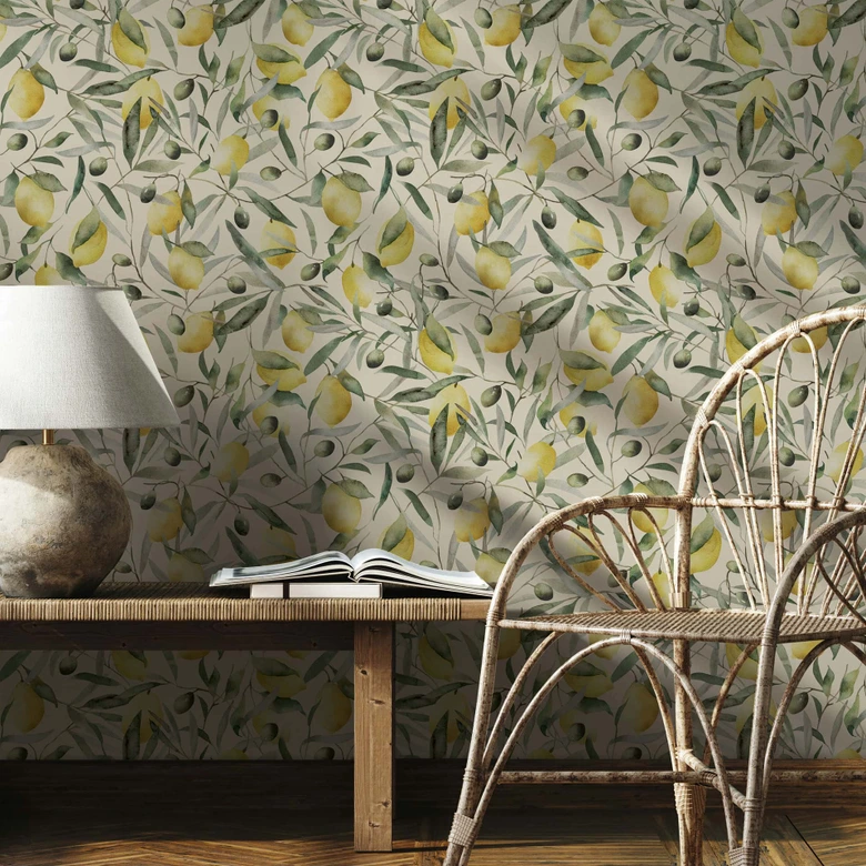 Vliestapete Zitronen, Blätter Floral Natur matt in Beige  