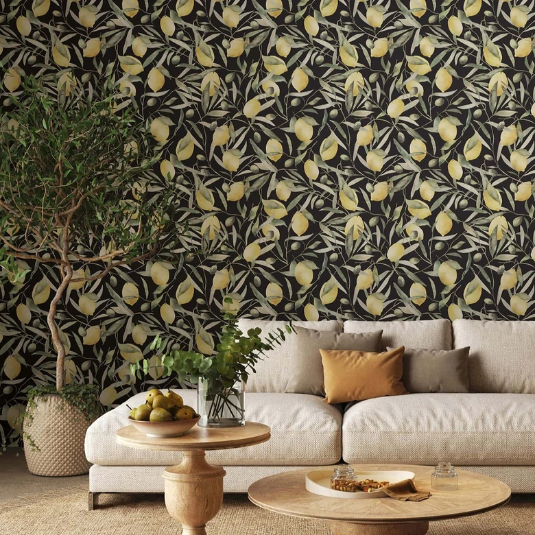 Vliestapete Zitronen, Blätter Floral Natur matt in Schwarz  