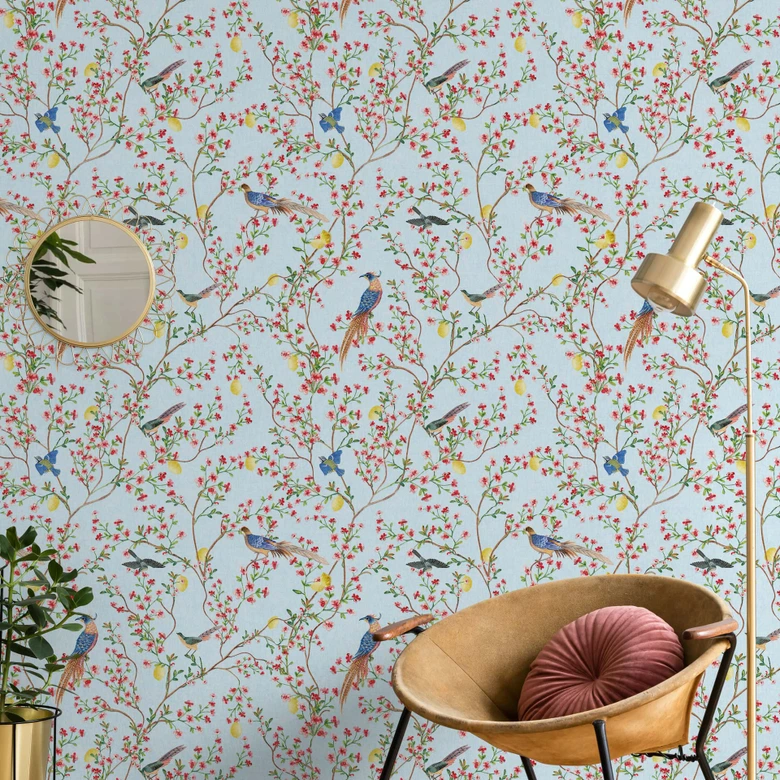 Vliesbehang vogels, bloemen bloemen natuur mat in blauw  
