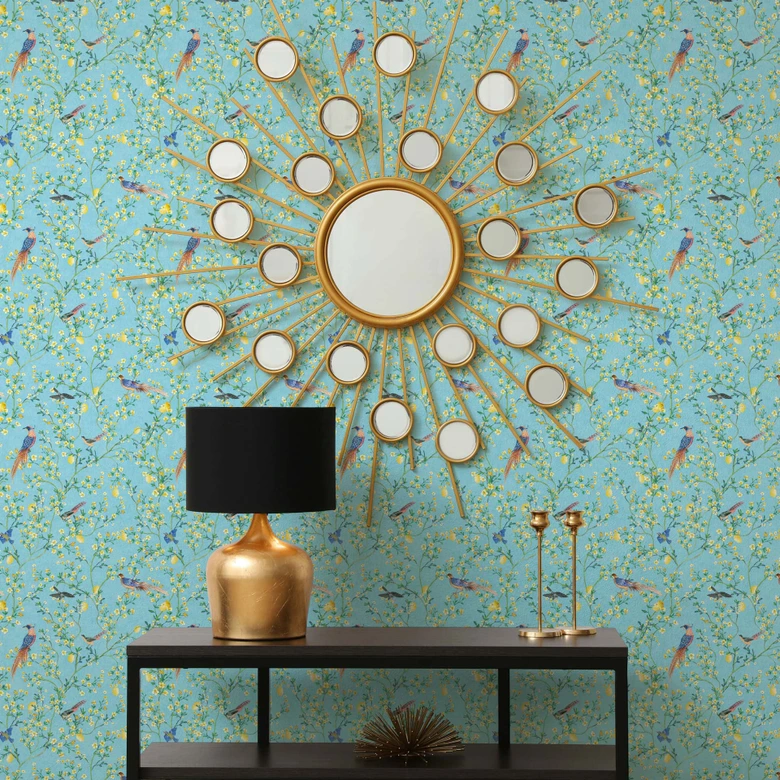 Non-woven wallpaper birds, flowers floral nature matt in blue  