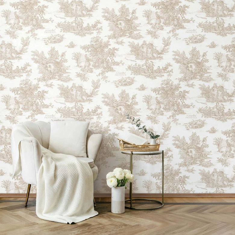 Papier peint intissé paysage, personnes graphique classique mat dans beige  