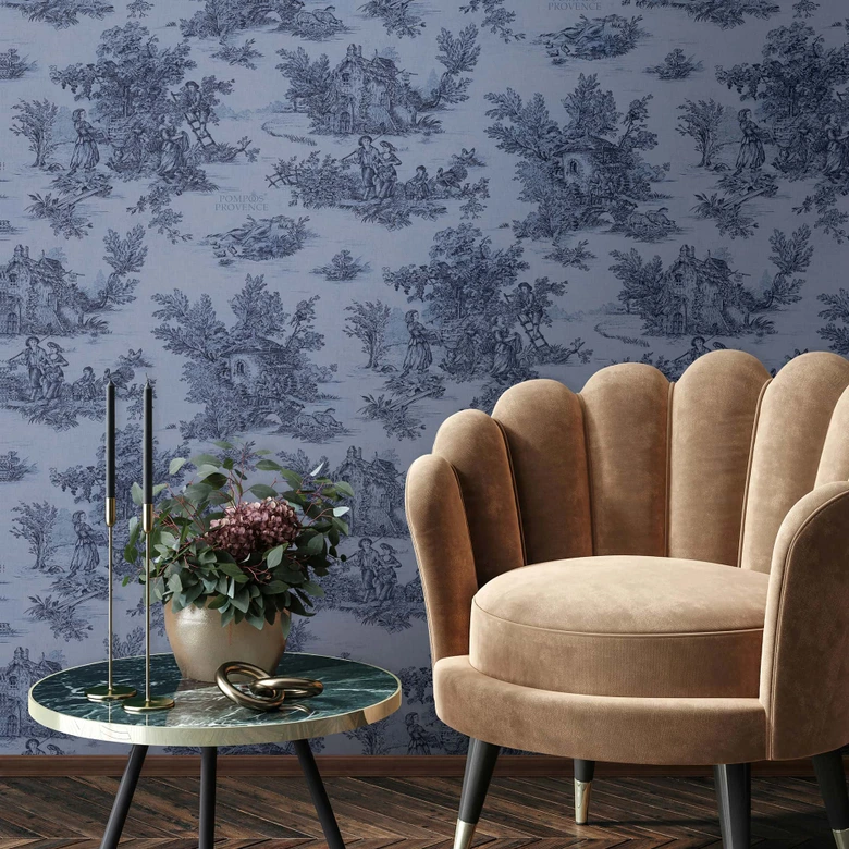 Papier peint intissé paysage, personnes graphique classique mat dans bleu  