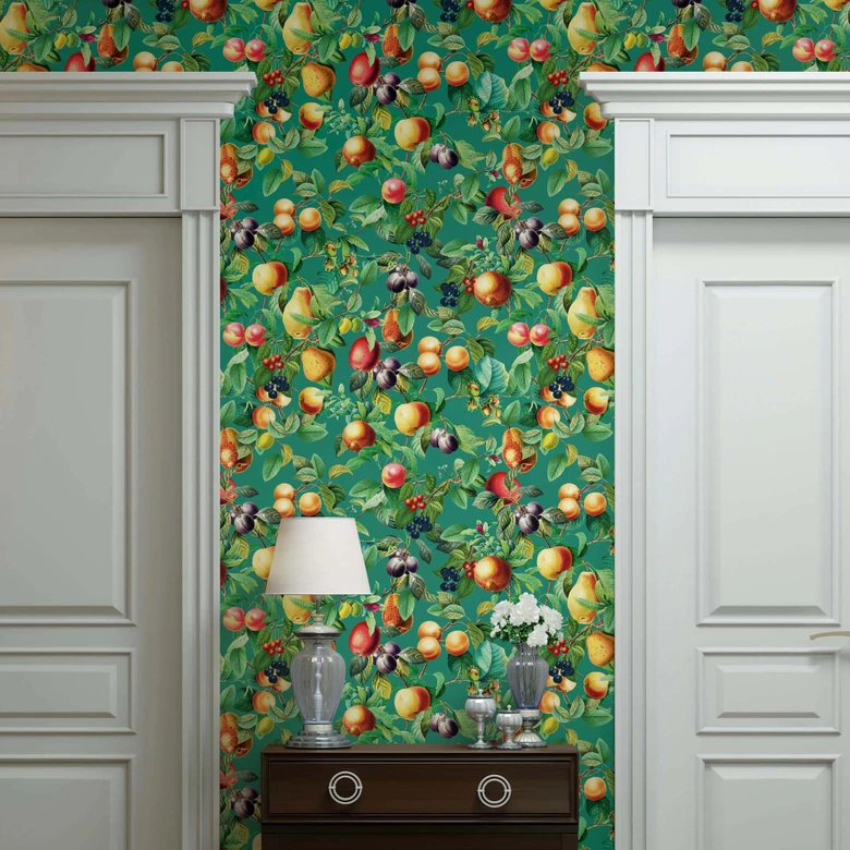 Papel pintado no tejido frutas, hojas naturaleza floral mate en verde  