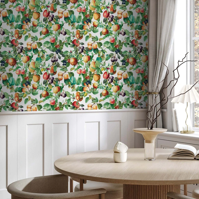 Papel pintado no tejido frutas, hojas naturaleza floral mate en negro  