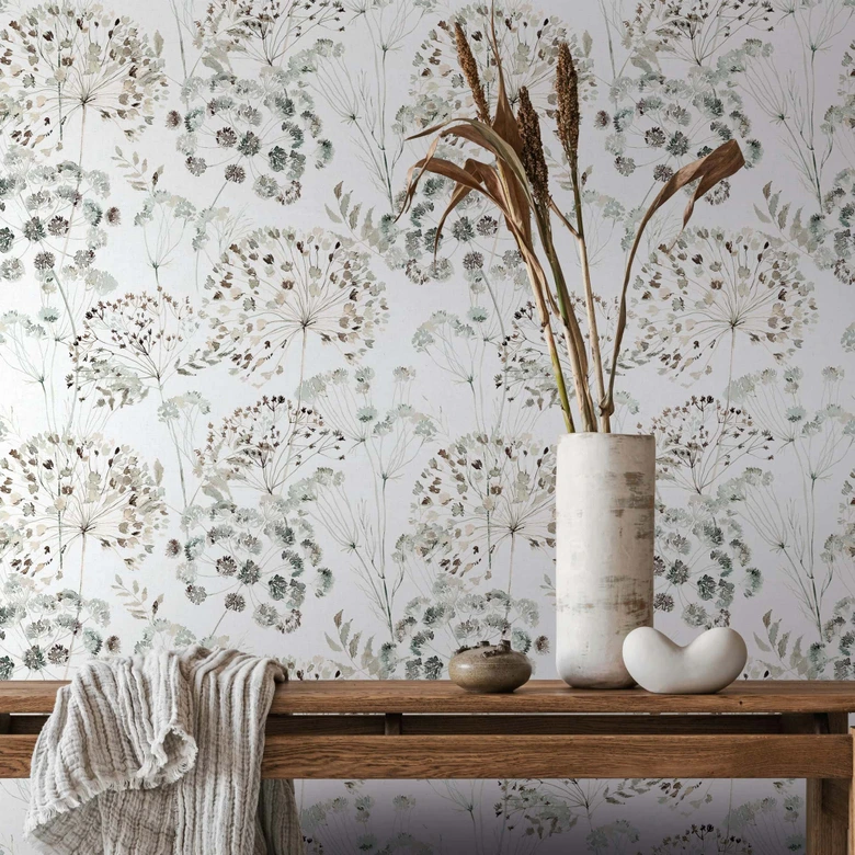 Icke-vävd tapet blommor, blad blommig natur matt i grått  