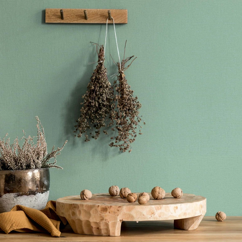 Non-woven wallpaper textured plain modern in green  