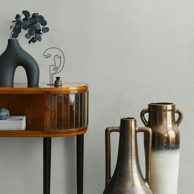 Papel pintado no tejido textil, liso texturado moderno mate en gris beige 