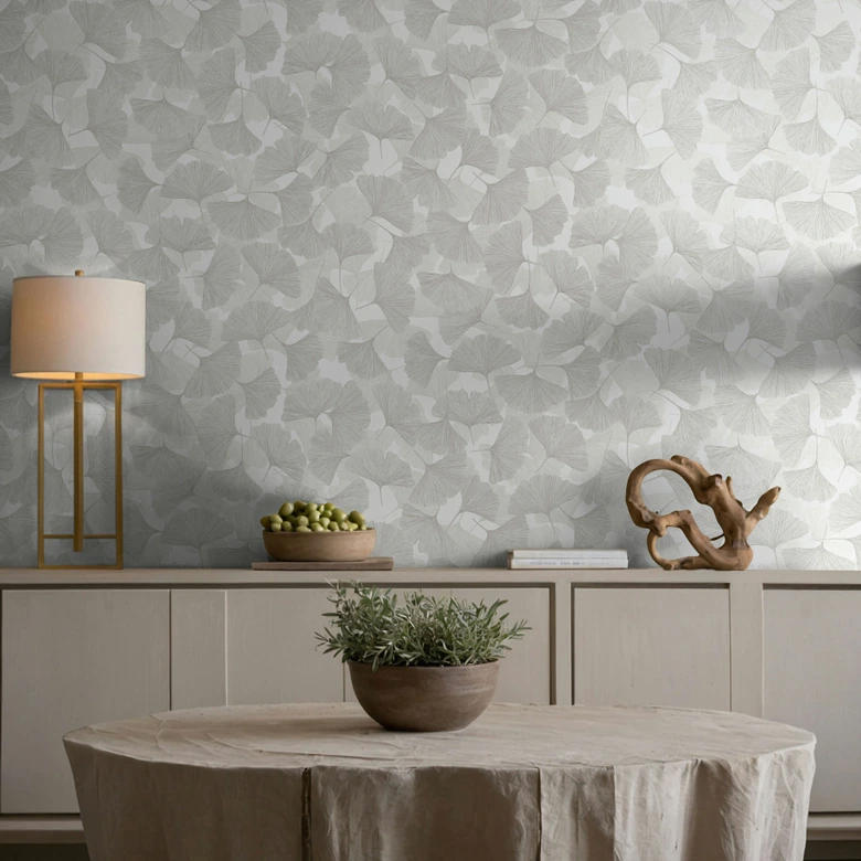 Vliestapete 3D, Blätter Floral Natur matt in Grau Weiß 