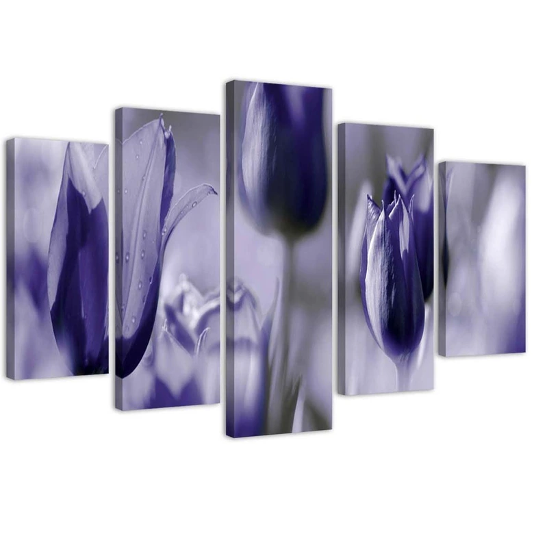 Leinwandbild 5 teilig, Tulpenblüte Lila 