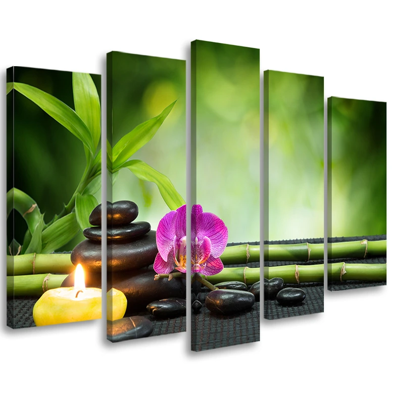 Leinwandbild 5 teilig, Orchideen-Bambus-Steine 