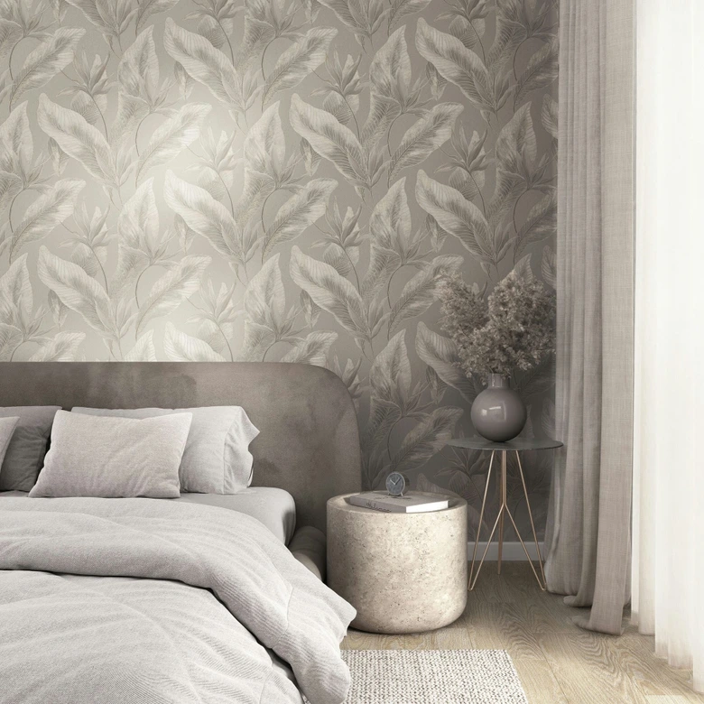 Non-woven wallpaper flowers, leaves floral nature in beige  