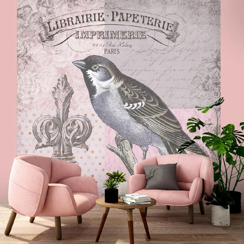 Fototapete, Vogel Natur auf rosa Hintergrund Shabby Chic - Andrea Haase 